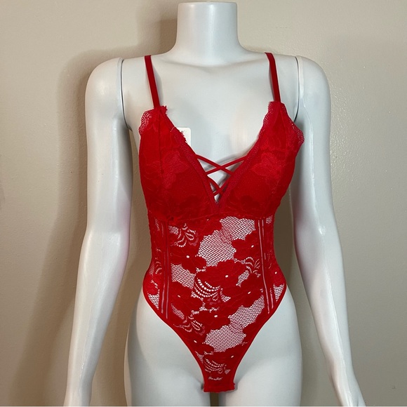 Other - Red lace crisscross removable pads teddy bodysuit